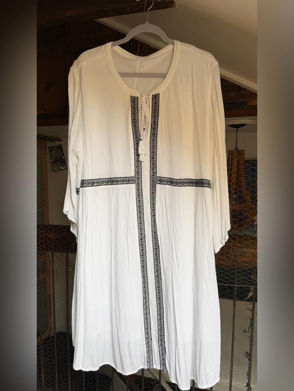 Old Navy White Boho Embroidered Midi Dress with Black Trim